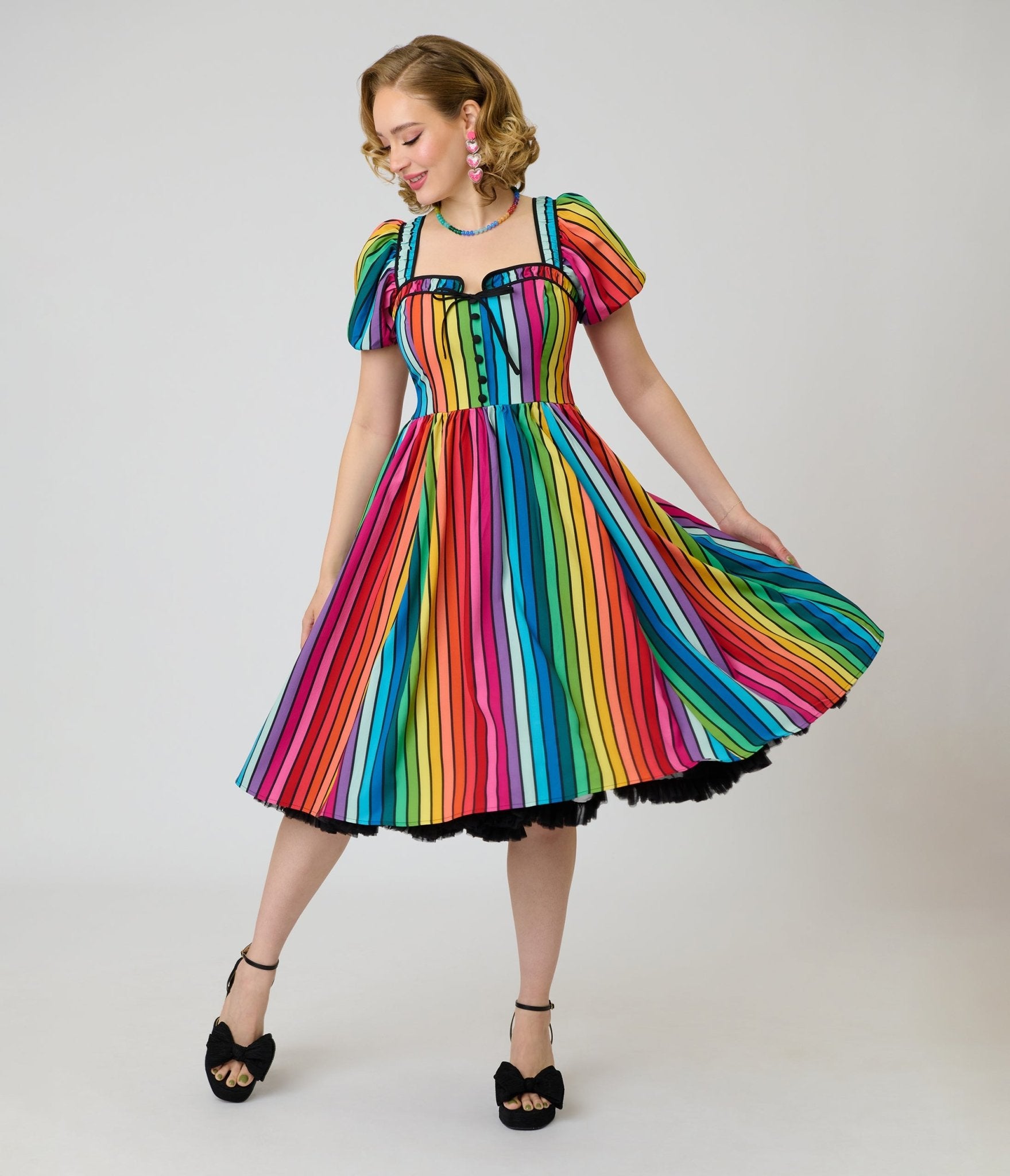 Unique Vintage Rainbow Pride Striped Button Front Swing Dress