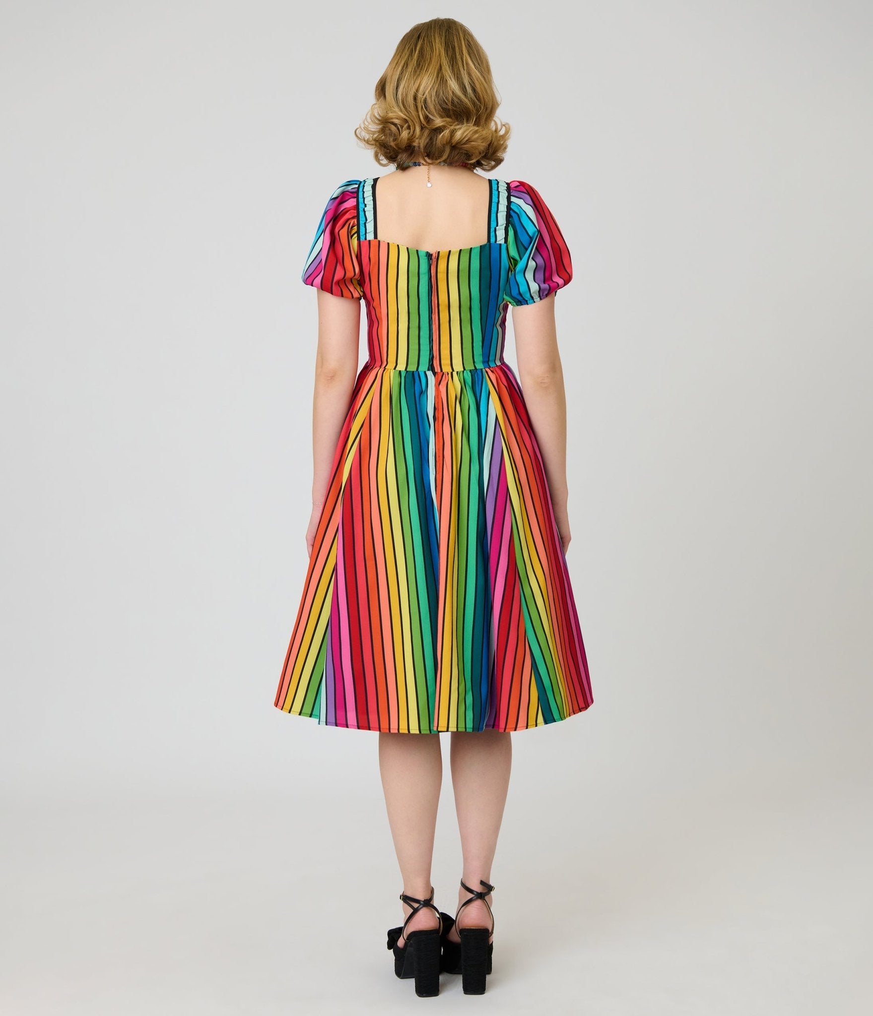 open lace back dress Unique Vintage Rainbow Pride Striped Button Front Swing Dress