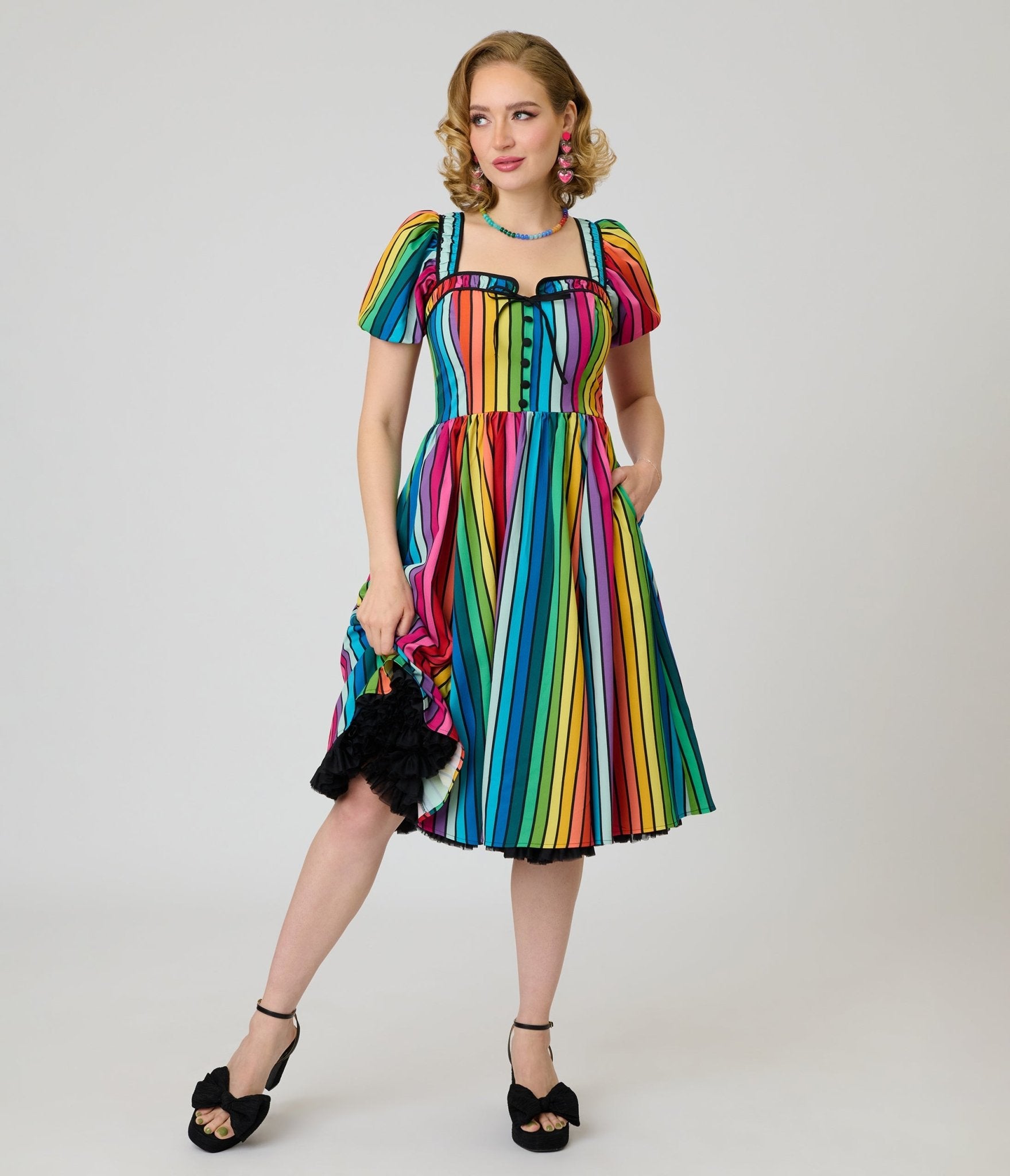 Unique Vintage Rainbow Pride Striped Button Front Swing Dress