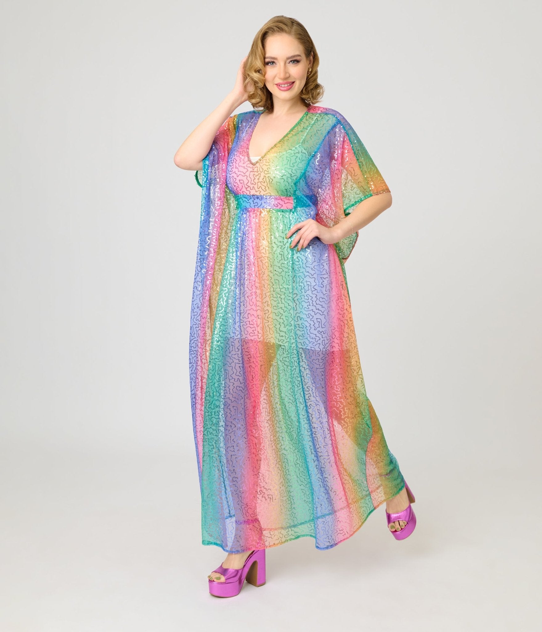 Unique Vintage Rainbow Sequin Mesh Burton Caftan Dress One Size Unique Vintage Rainbow Sequin Mesh Burton Caftan Dress One Size
