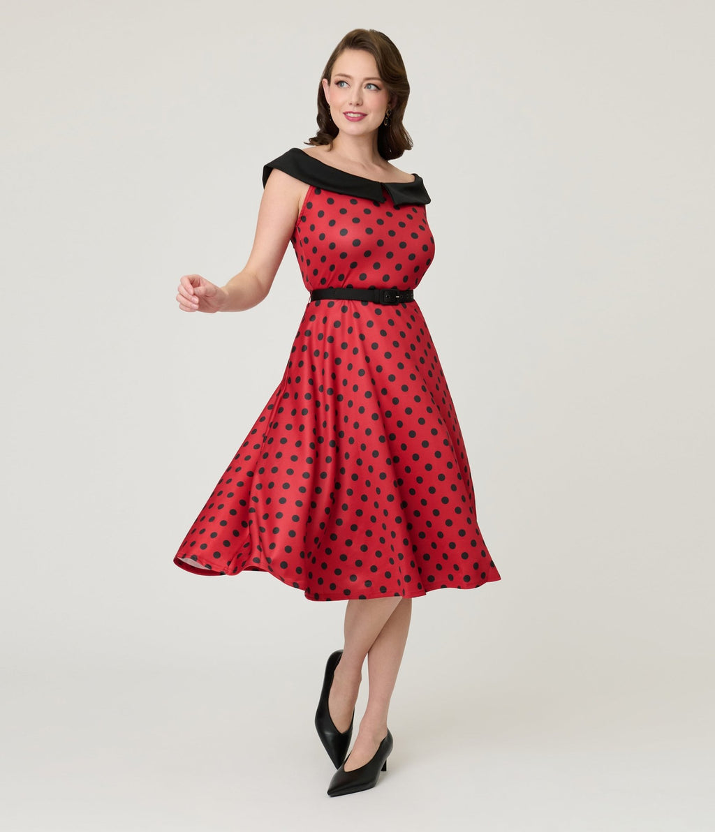 Unique Vintage Red & Black Polka Dot Off the Shoulder Swing Dress Unique Vintage Red & Black Polka Dot Off the Shoulder Swing Dress