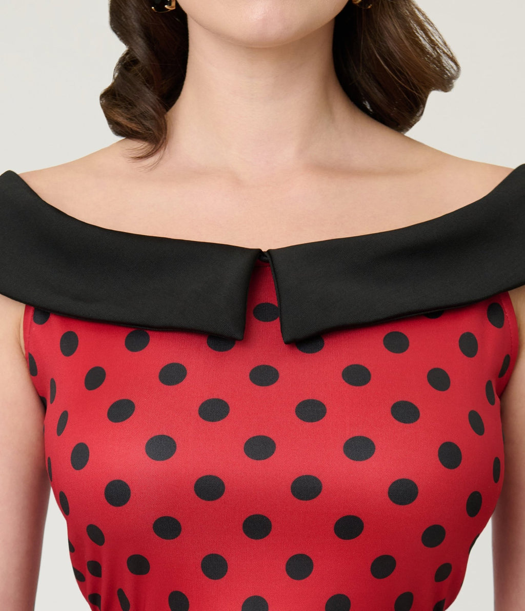 Unique Vintage Red & Black Polka Dot Off the Shoulder Swing Dress - Unique Vintage - Womens, DRESSES, SWING