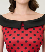 Unique Vintage Red & Black Polka Dot Off the Shoulder Swing Dress - Unique Vintage - Womens, DRESSES, SWING