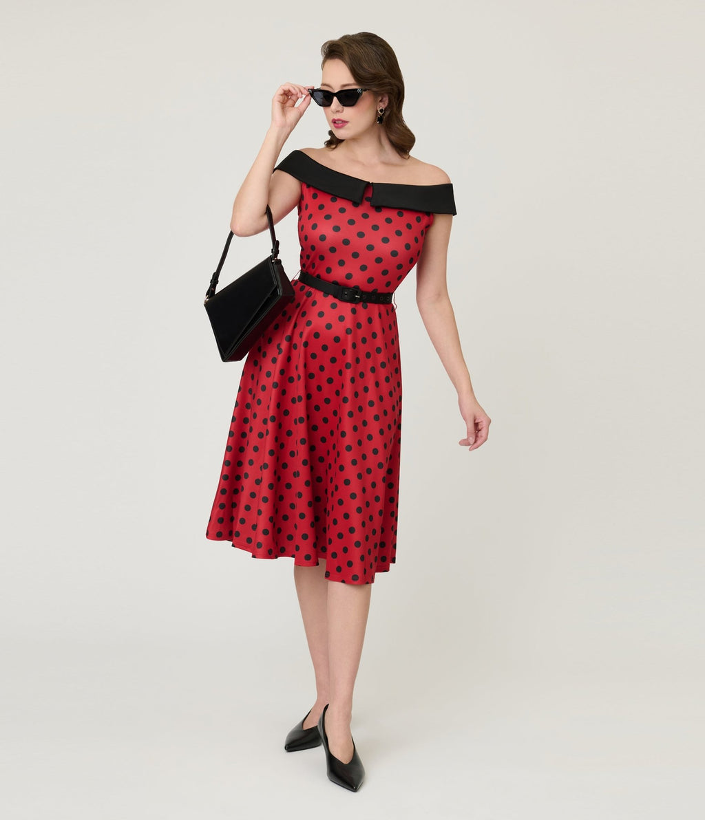 Unique Vintage Red & Black Polka Dot Off the Shoulder Swing Dress - Unique Vintage - Womens, DRESSES, SWING