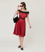 Unique Vintage Red & Black Polka Dot Off the Shoulder Swing Dress