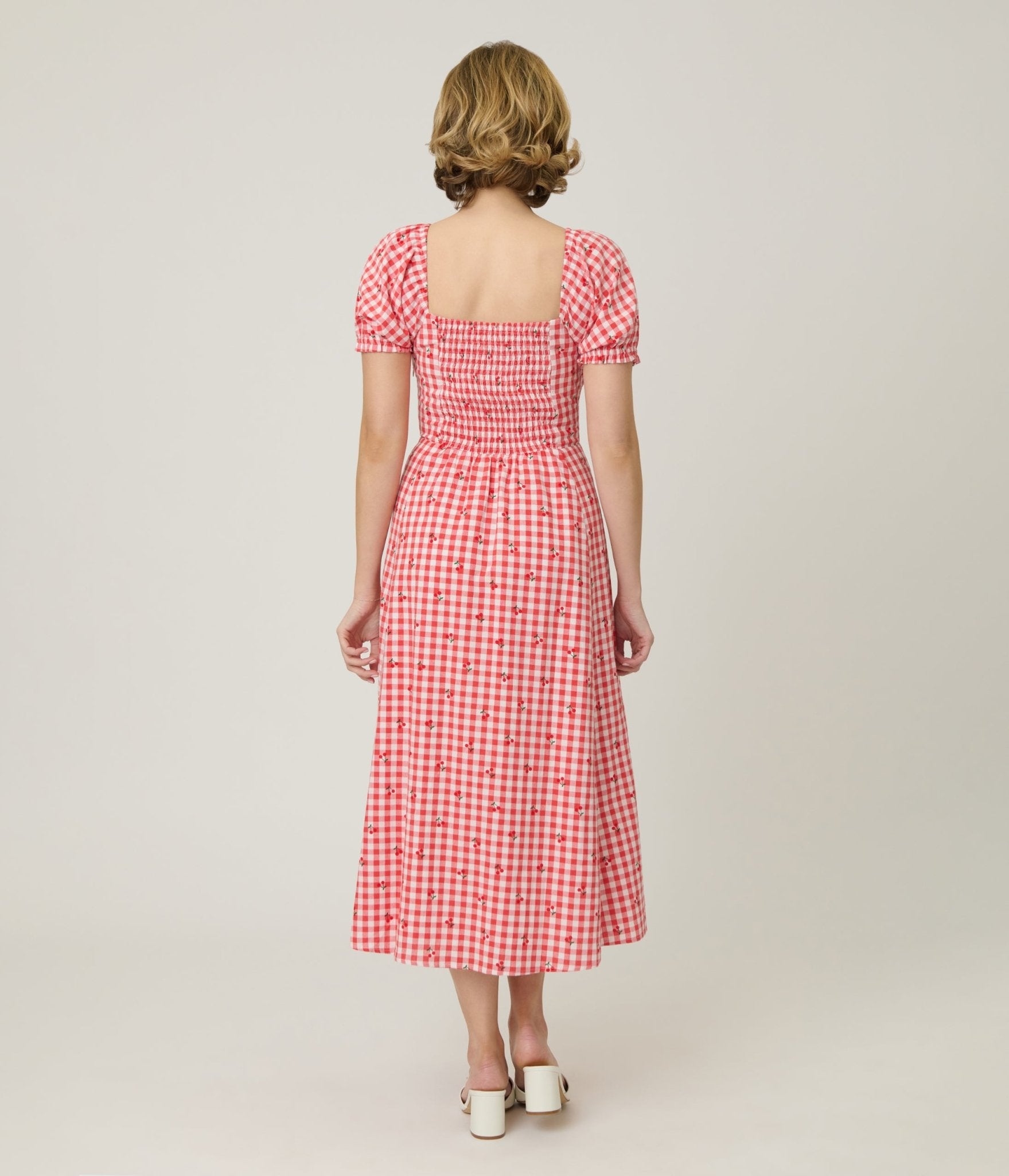 Unique Vintage Red Gingham & Cherries Puff Sleeve Midi Dress Unique Vintage Red Gingham & Cherries Puff Sleeve Midi Dress