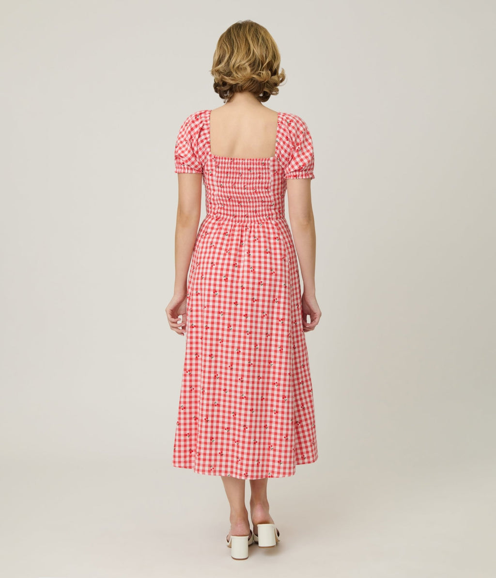 Unique Vintage Red Gingham & Cherries Puff Sleeve Midi Dress - Unique Vintage - Womens, DRESSES, MIDI