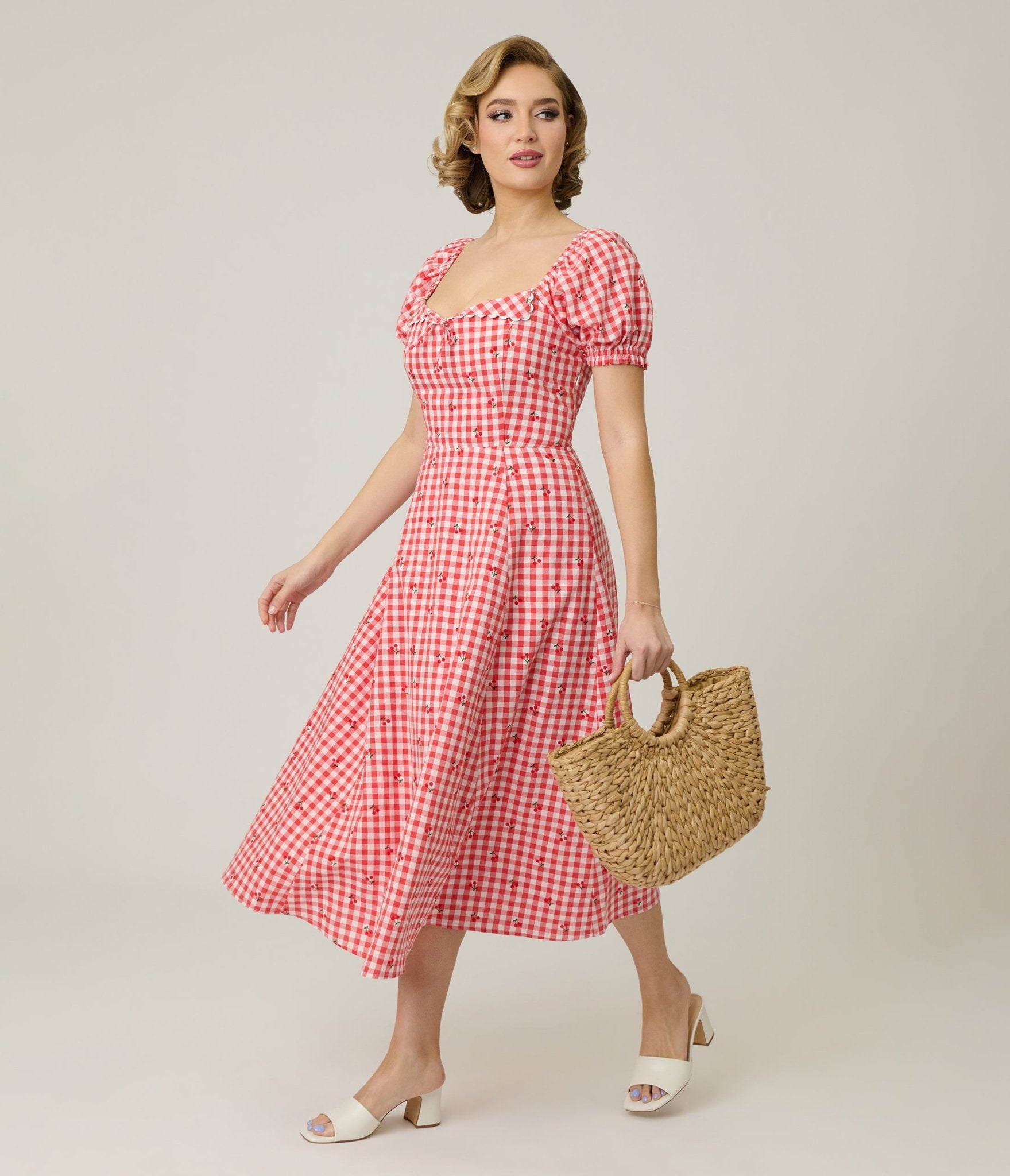 Unique Vintage Red Gingham & Cherries Puff Sleeve Midi Dress - Unique Vintage - Womens, DRESSES, MIDI