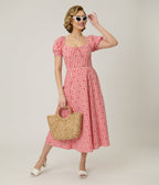 Unique Vintage Red Gingham & Cherries Puff Sleeve Midi Dress - Unique Vintage - Womens, DRESSES, MIDI