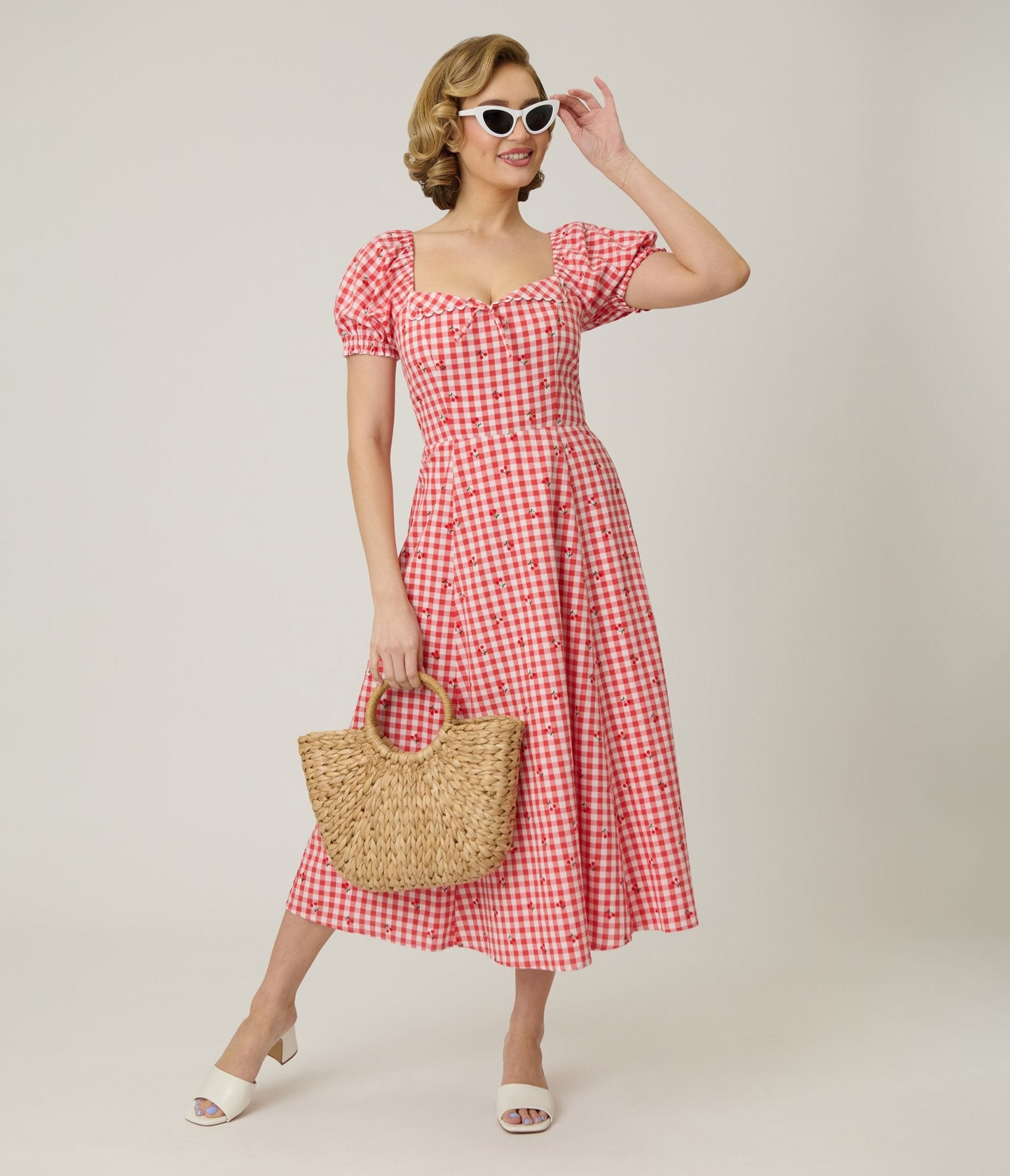 Unique Vintage Red Gingham & Cherries Puff Sleeve Midi Dress