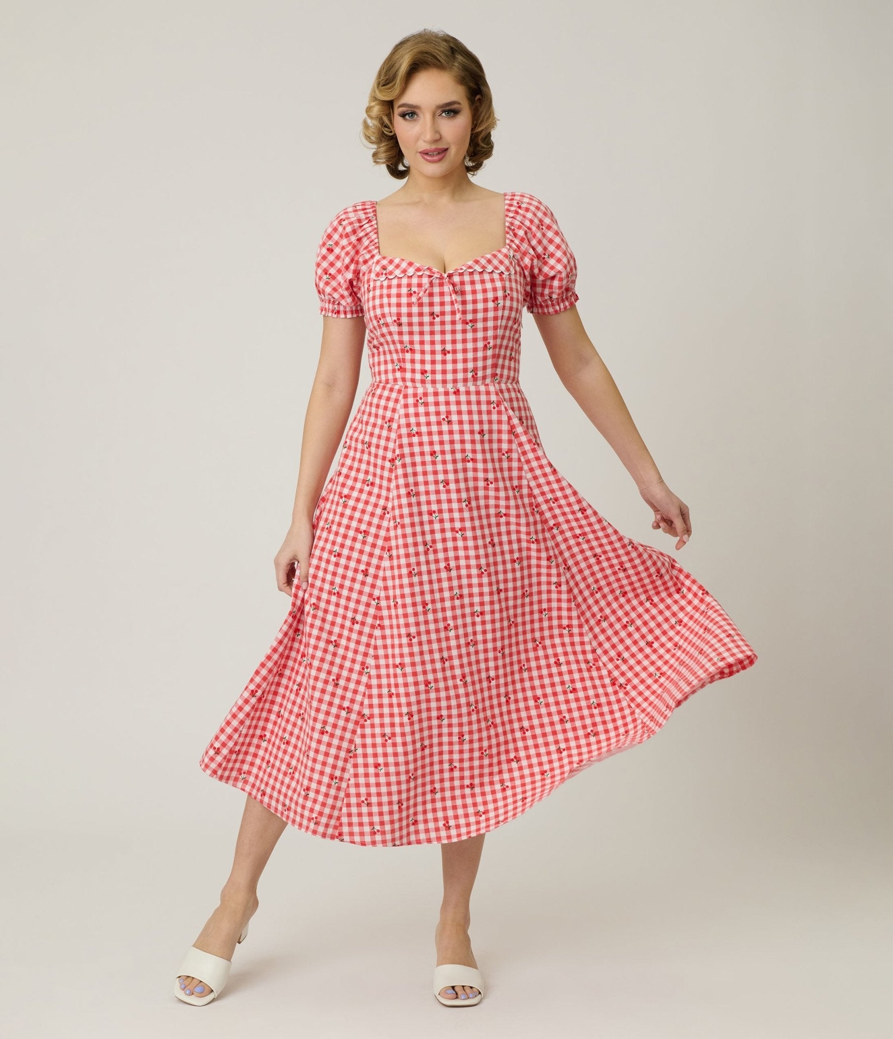Unique Vintage Red Gingham & Cherries Puff Sleeve Midi Dress - Unique Vintage - Womens, DRESSES, MIDI