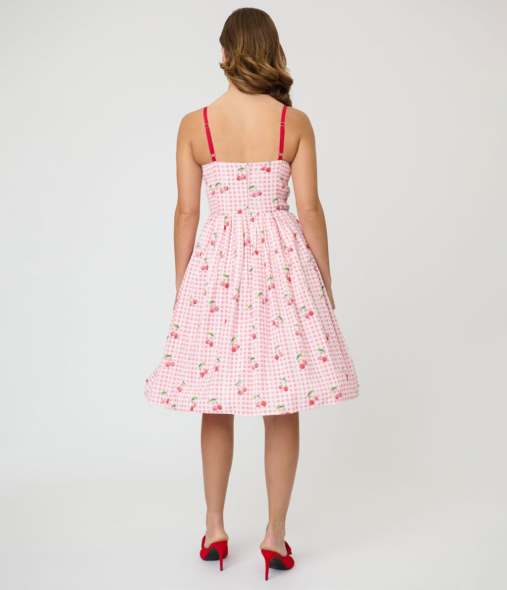Unique Vintage Red Gingham & Cherries Sweetheart Swing Dress - Unique Vintage - Womens, DRESSES, SWING