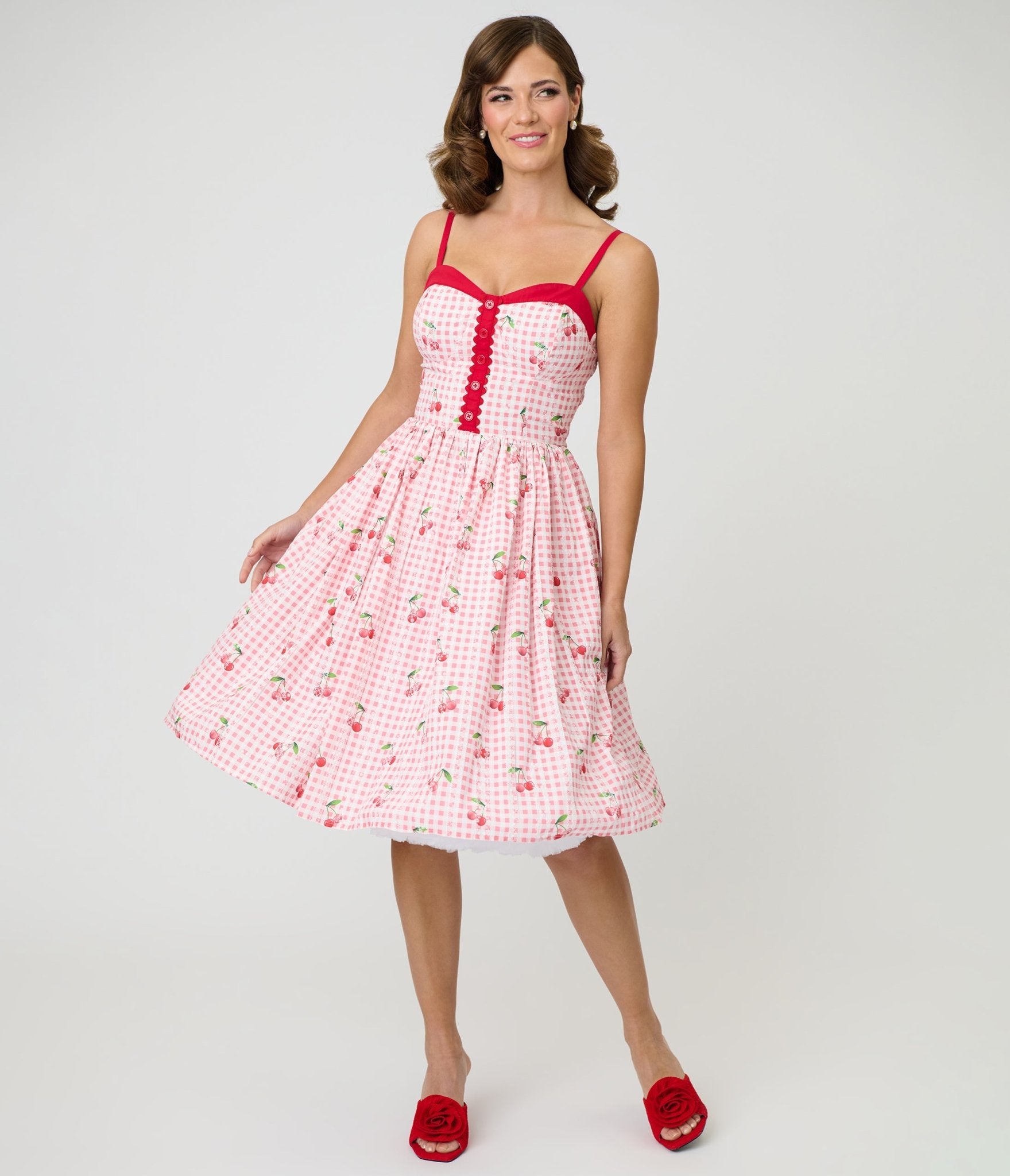 gingham dress red Unique Vintage Red Gingham & Cherries Sweetheart Swing Dress