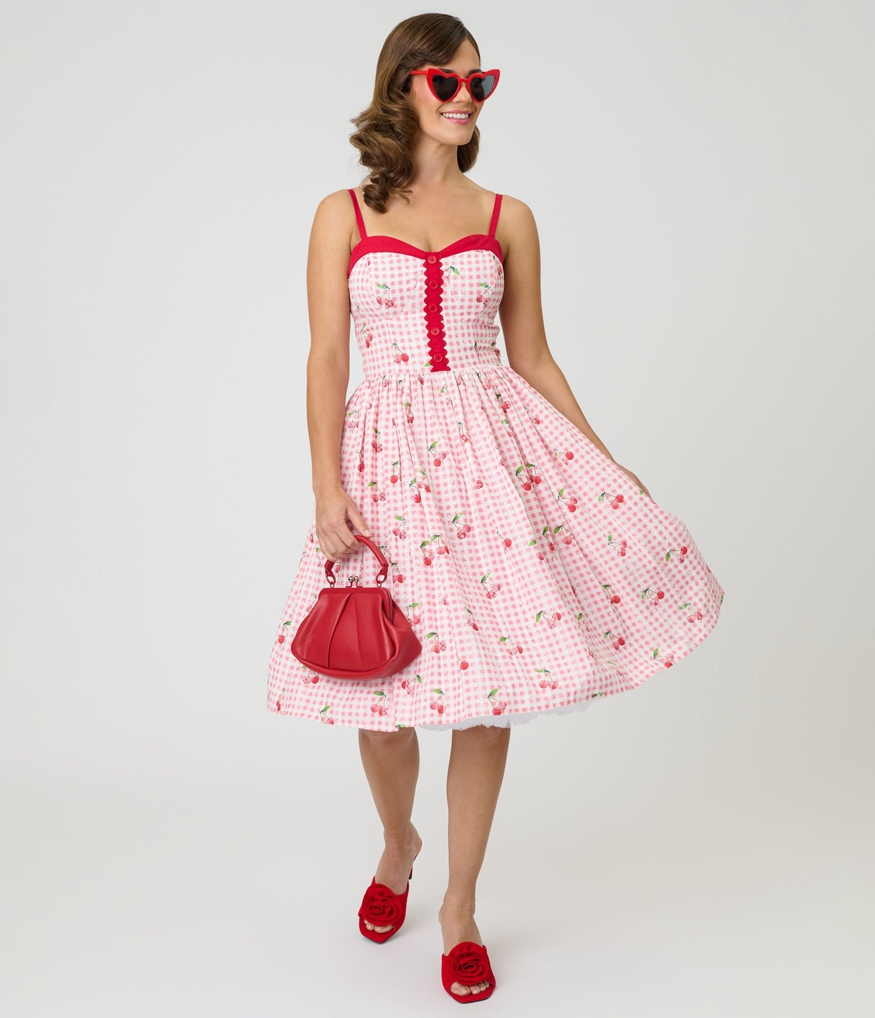 Unique Vintage Red Gingham & Cherries Sweetheart Swing Dress