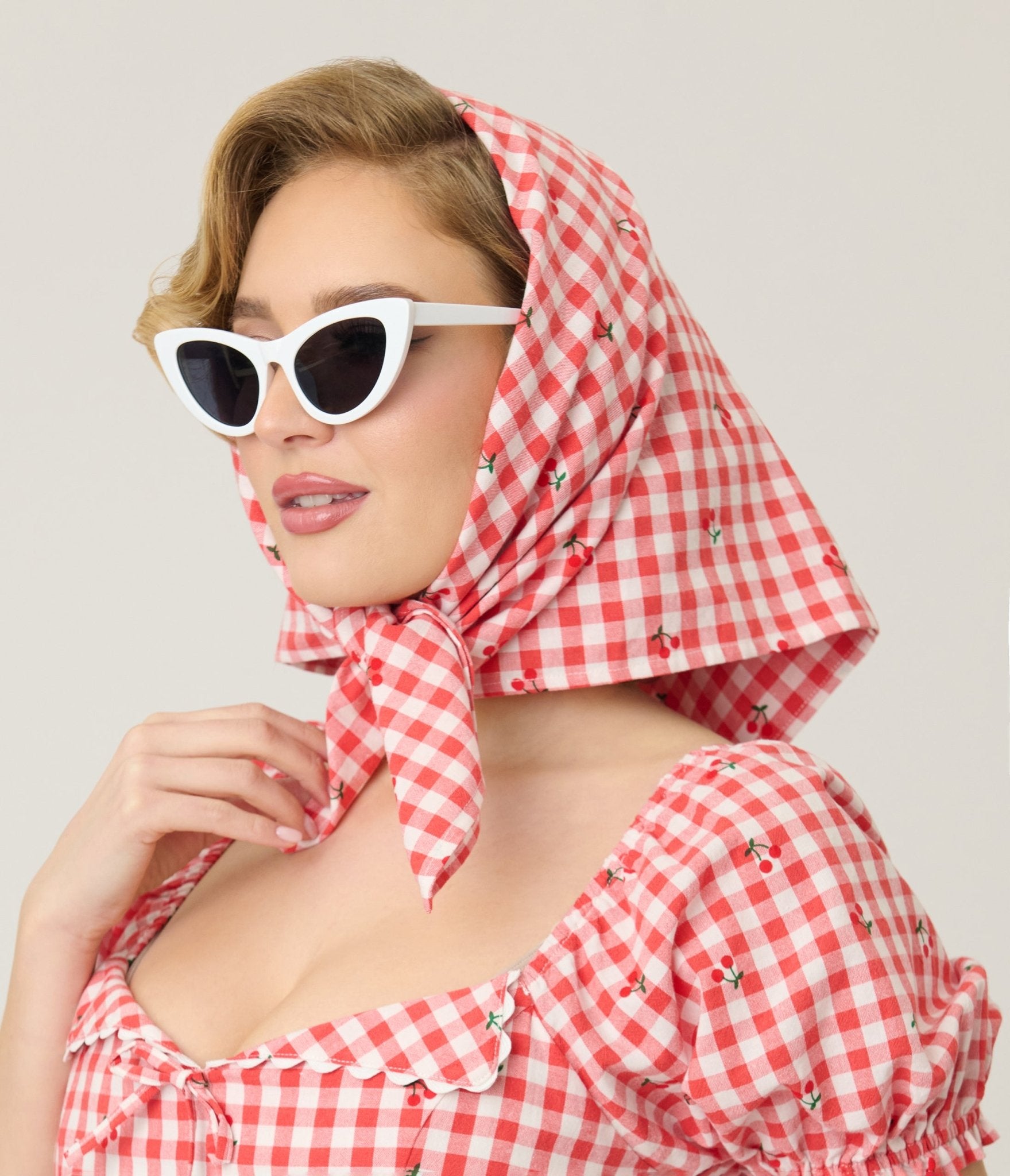 Unique Vintage Red Gingham & Cherry Hair Scarf