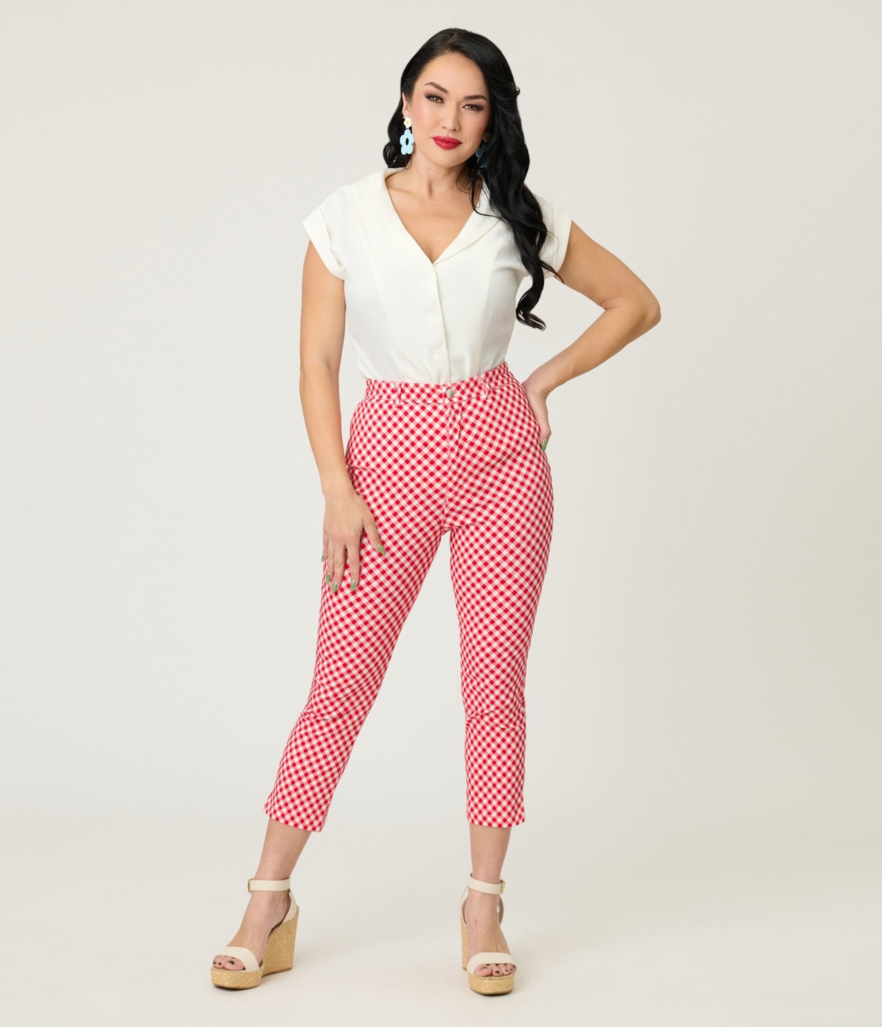 Unique Vintage Red Gingham Rachelle Capri Pants - Unique Vintage - Womens, BOTTOMS, PANTS