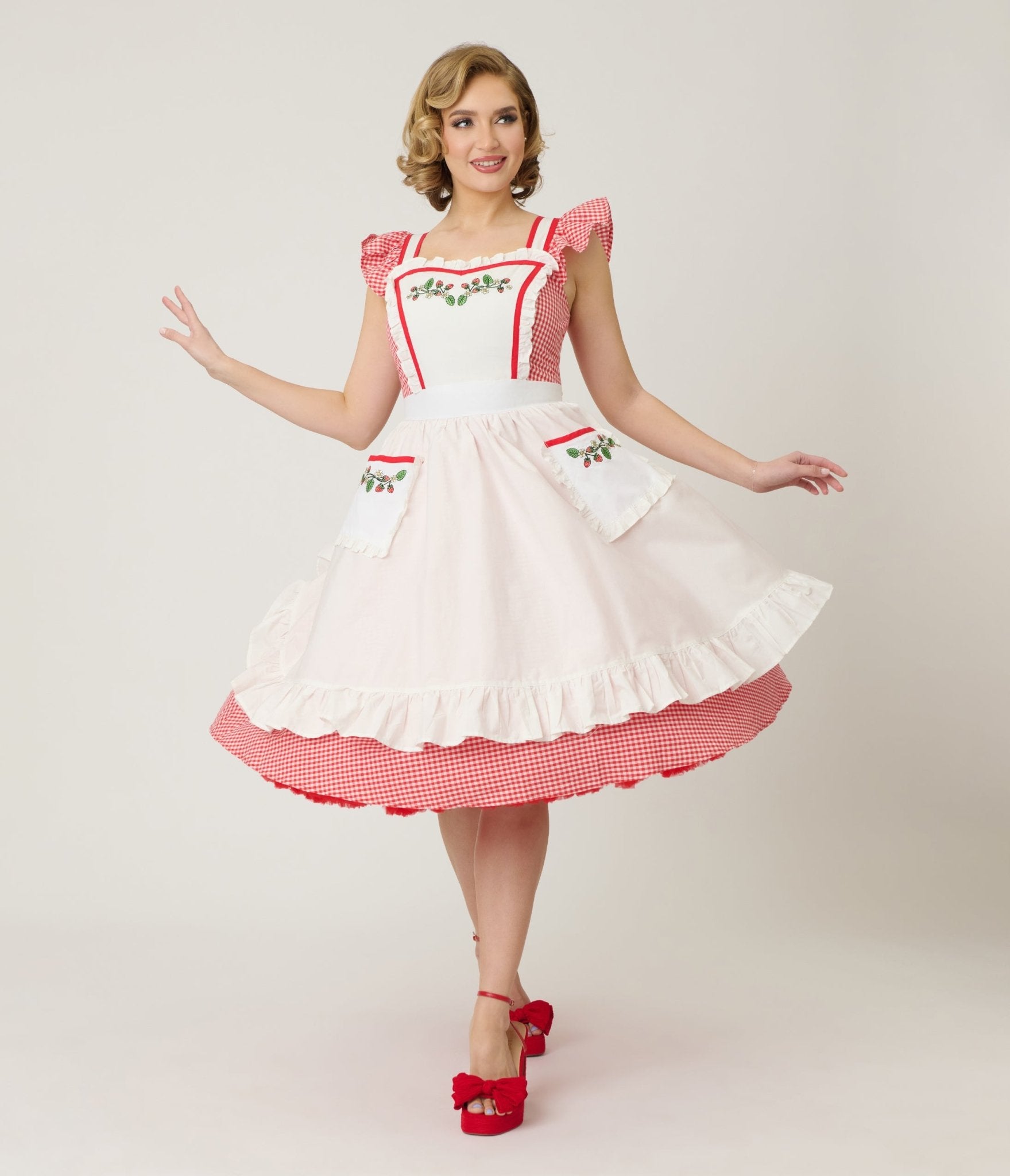 Unique Vintage Red Gingham & White Ruffled Apron Swing Dress