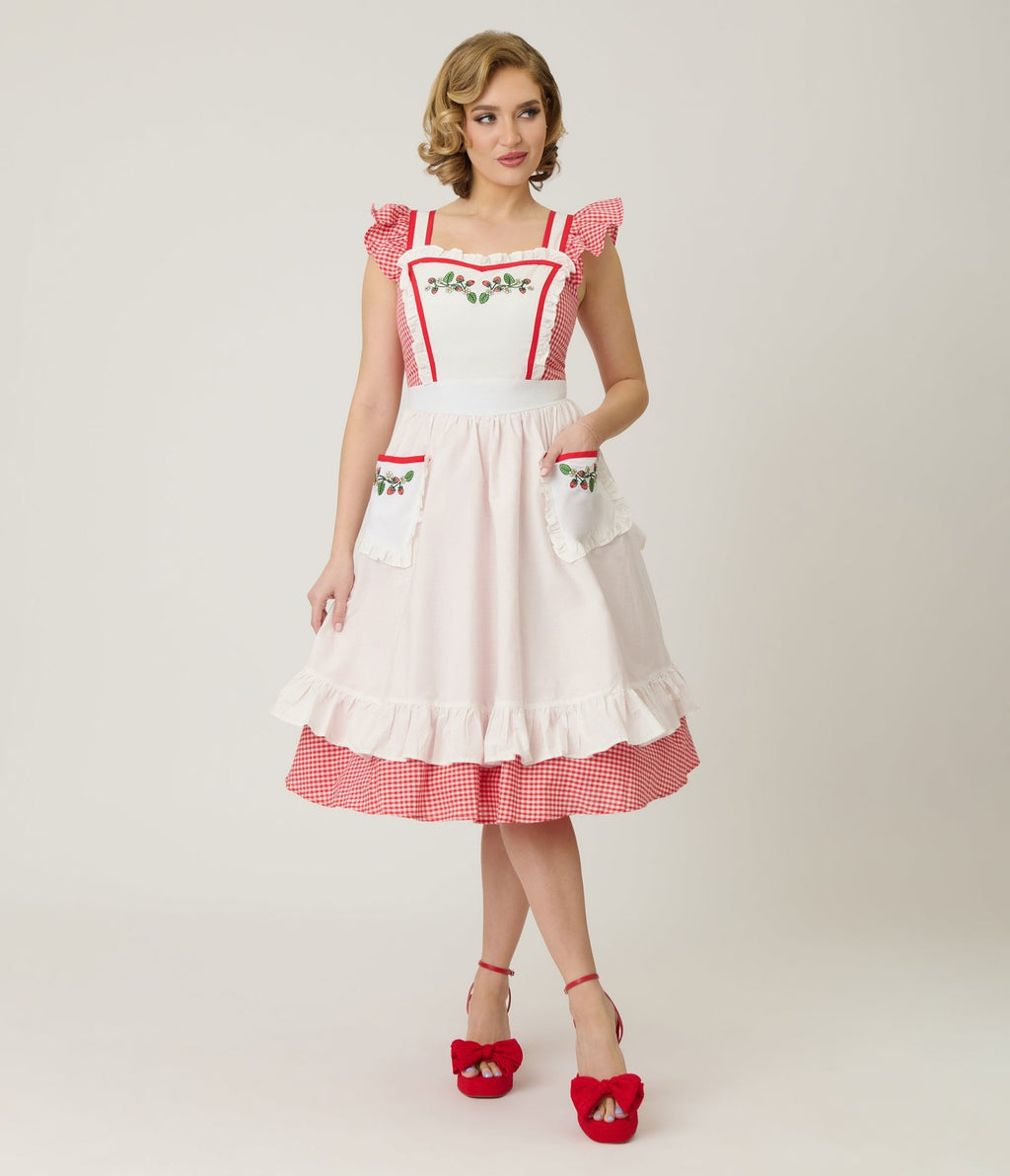Unique Vintage Red Gingham & White Ruffled Apron Swing Dress - Unique Vintage - Womens, DRESSES, SWING