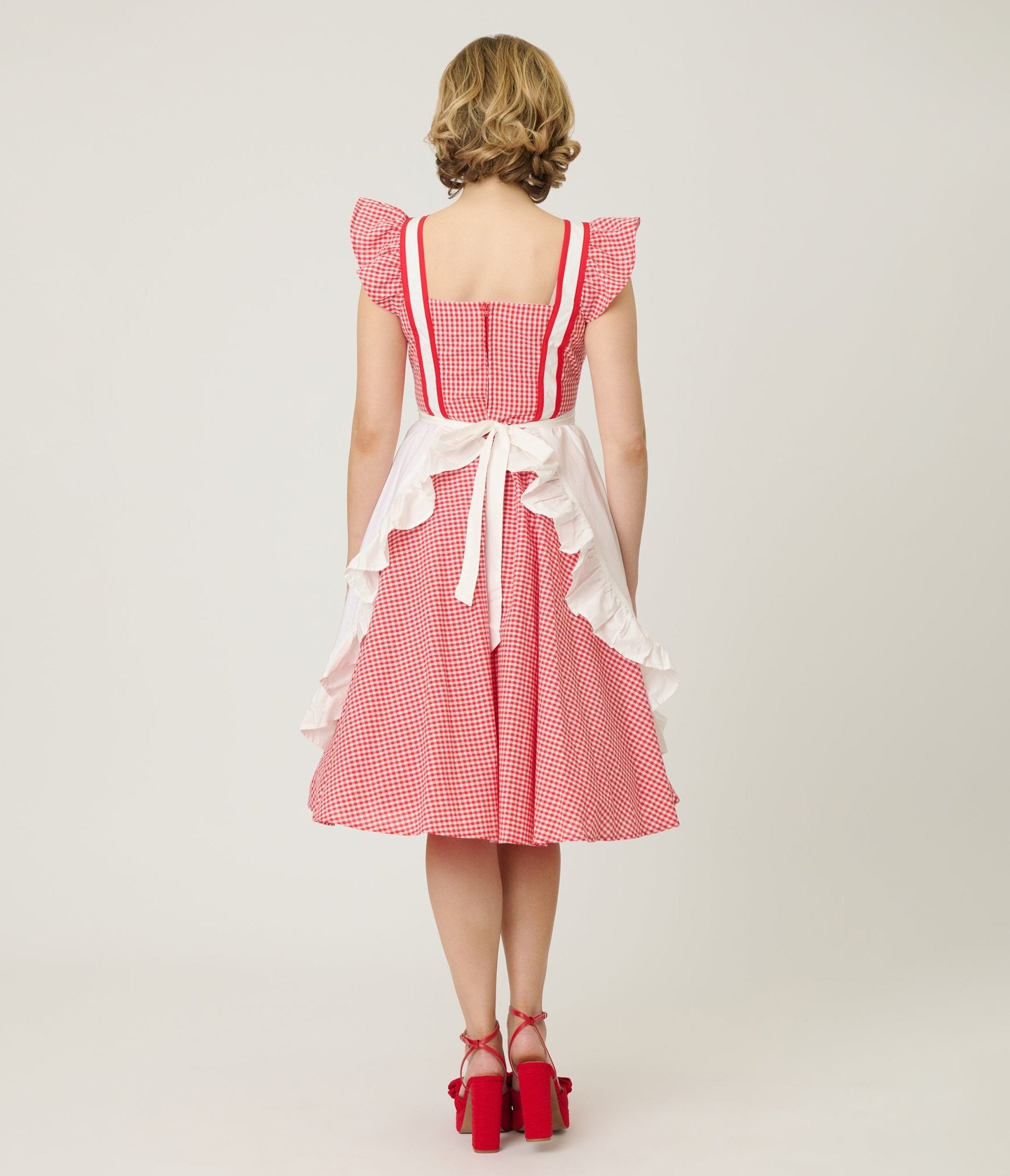 Unique Vintage Red Gingham & White Ruffled Apron Swing Dress