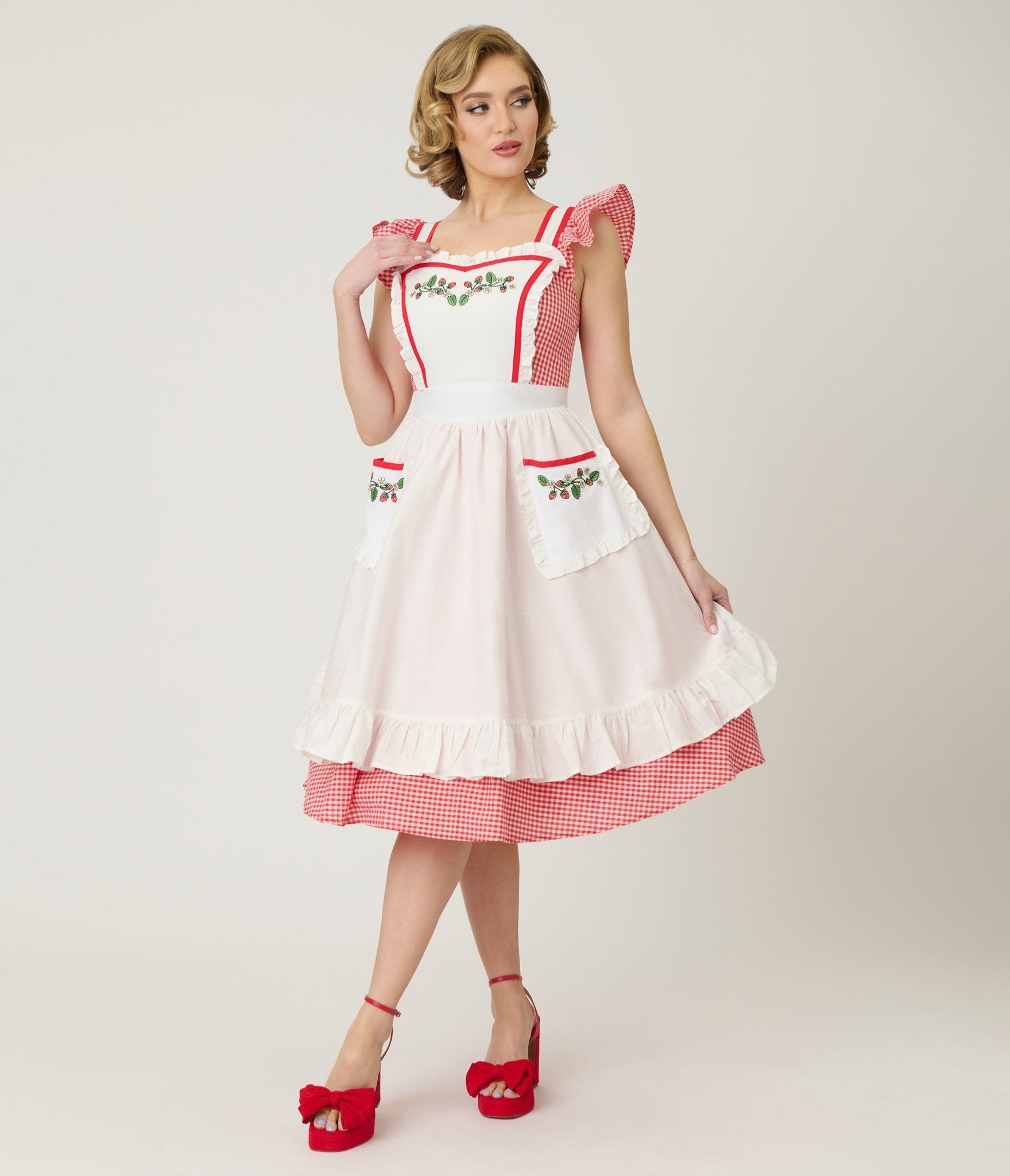 Unique Vintage Red Gingham & White Ruffled Apron Swing Dress - Unique Vintage - Womens, DRESSES, SWING