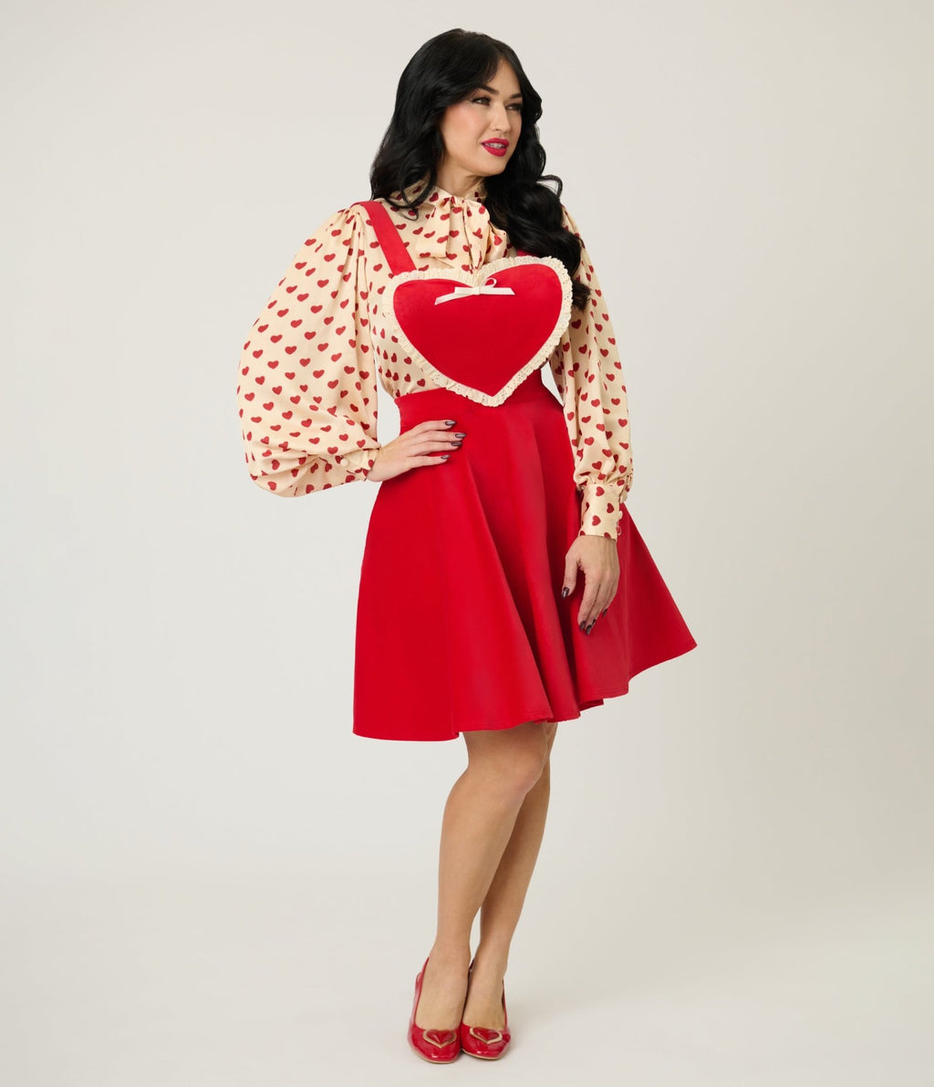 Unique Vintage Red Heart Bib Pinafore Skirt - Unique Vintage - Womens, BOTTOMS, SKIRTS