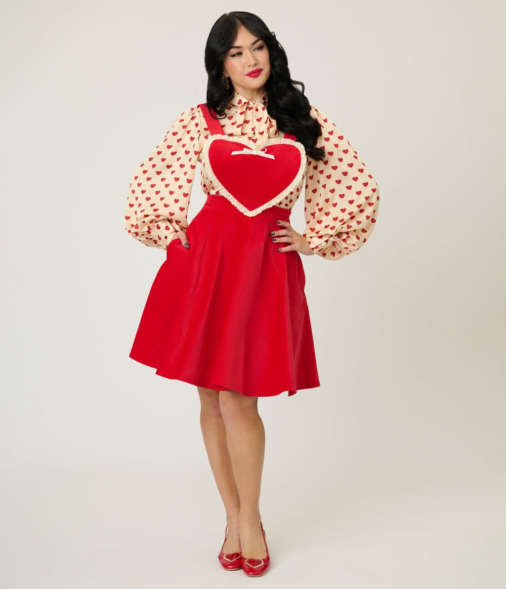Unique Vintage Red Heart Bib Pinafore Skirt - Unique Vintage - Womens, BOTTOMS, SKIRTS