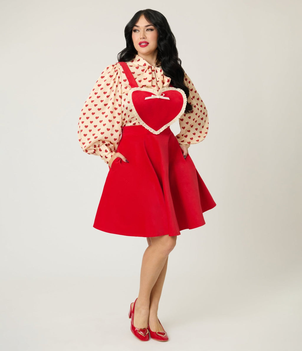 Unique Vintage Red Heart Bib Pinafore Skirt - Unique Vintage - Womens, BOTTOMS, SKIRTS