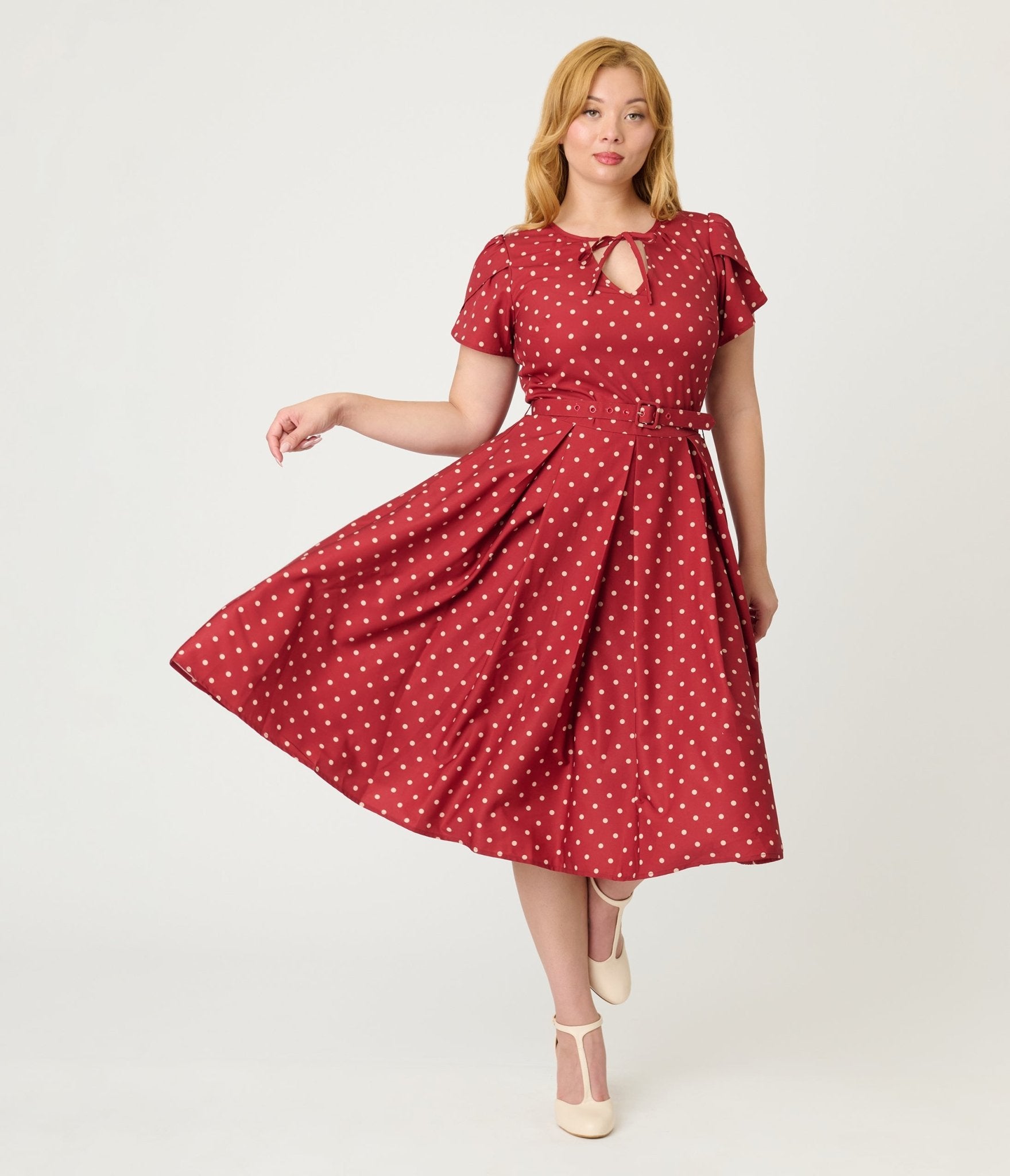Unique Vintage Red & Ivory Polka Dot Dahlia Swing Dress
