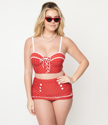 Unique Vintage Red Pin Dot Lace Up Swim Top - Unique Vintage - Womens, SWIM, TOP