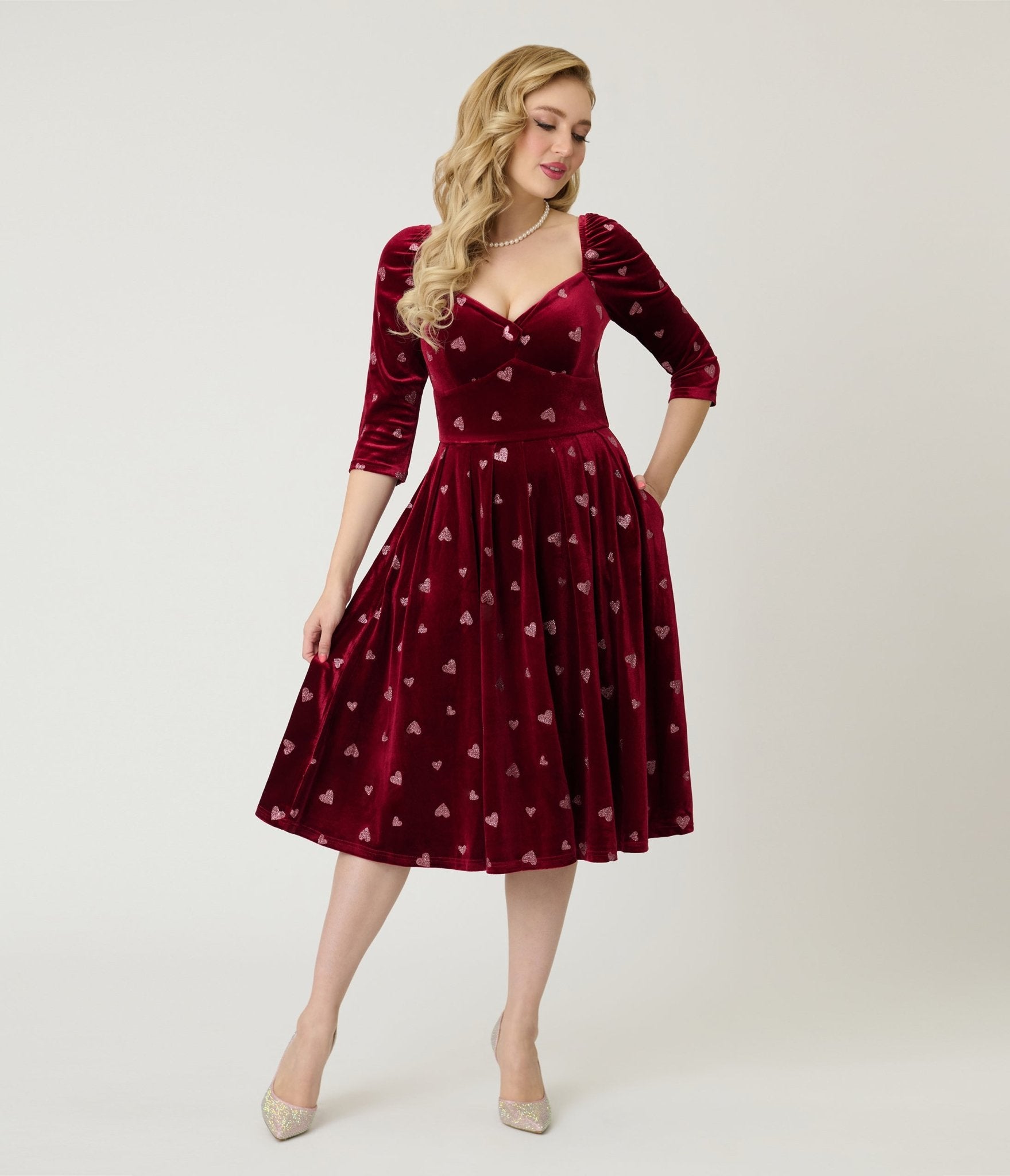 Unique Vintage Red & Pink Glitter Heart Velvet Lamar Swing Dress Unique Vintage Red & Pink Glitter Heart Velvet Lamar Swing Dress