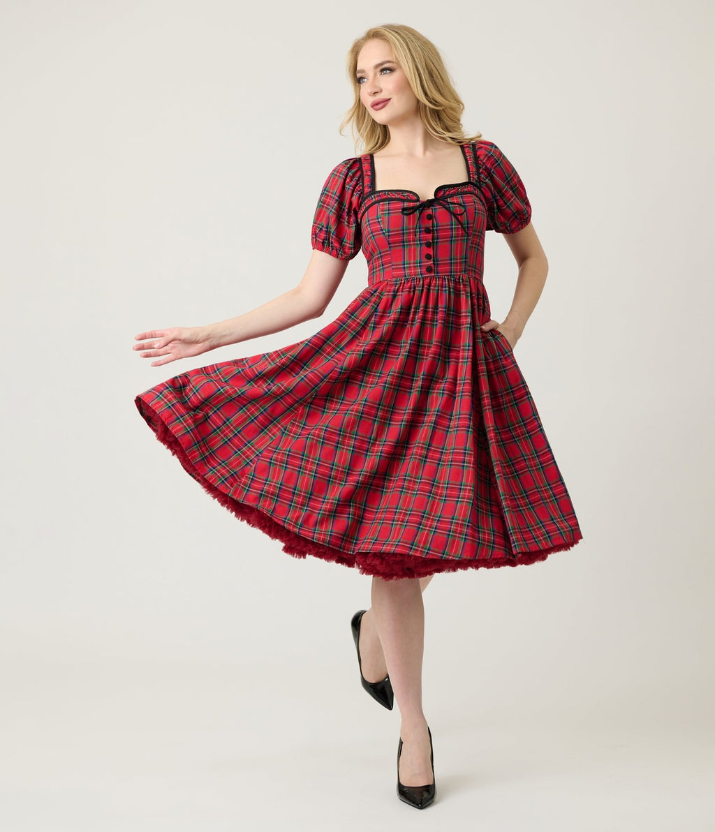 Unique Vintage Red Plaid Button Front Swing Dress Unique Vintage Red Plaid Button Front Swing Dress