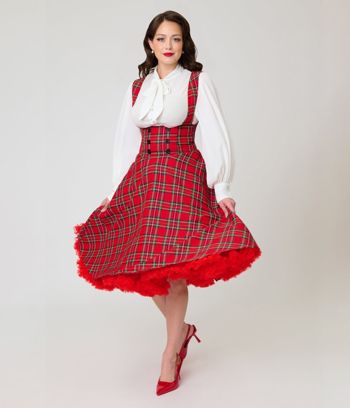 Unique Vintage Red Plaid Corset Pinafore Skirt - Unique Vintage - Pinafore Skirts