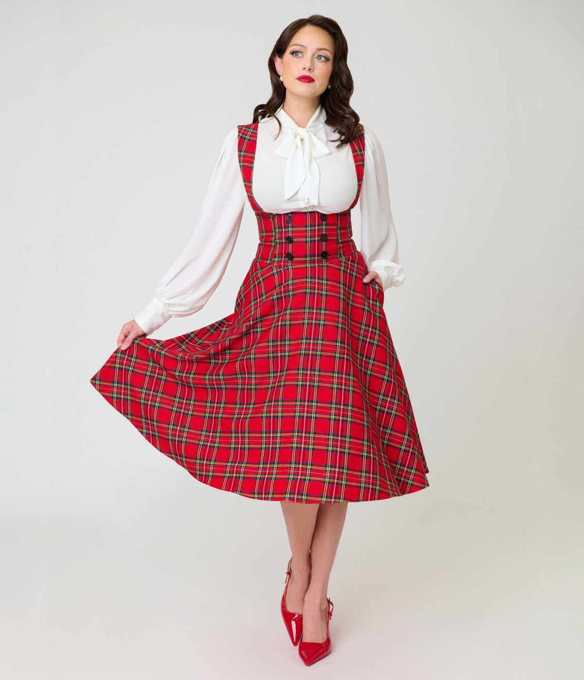 Unique Vintage Red Plaid Corset Pinafore Skirt - Unique Vintage - Pinafore Skirts