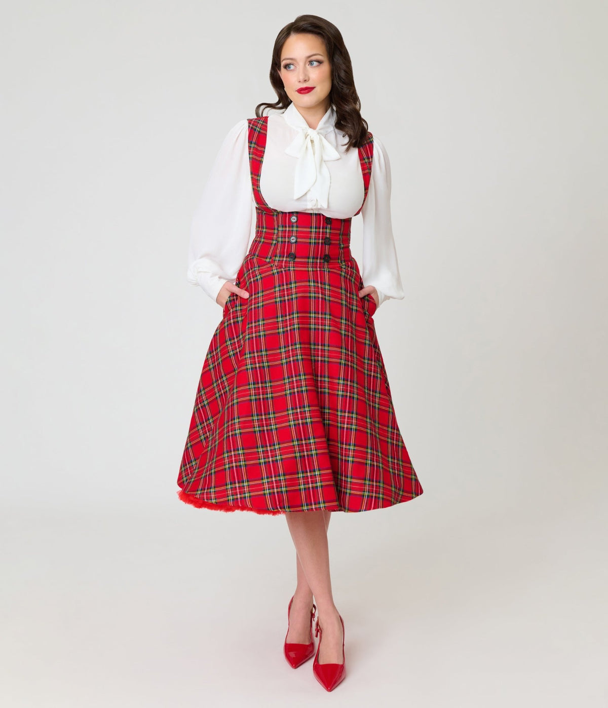 Unique Vintage Red Plaid Corset Pinafore Skirt - Unique Vintage - Pinafore Skirts