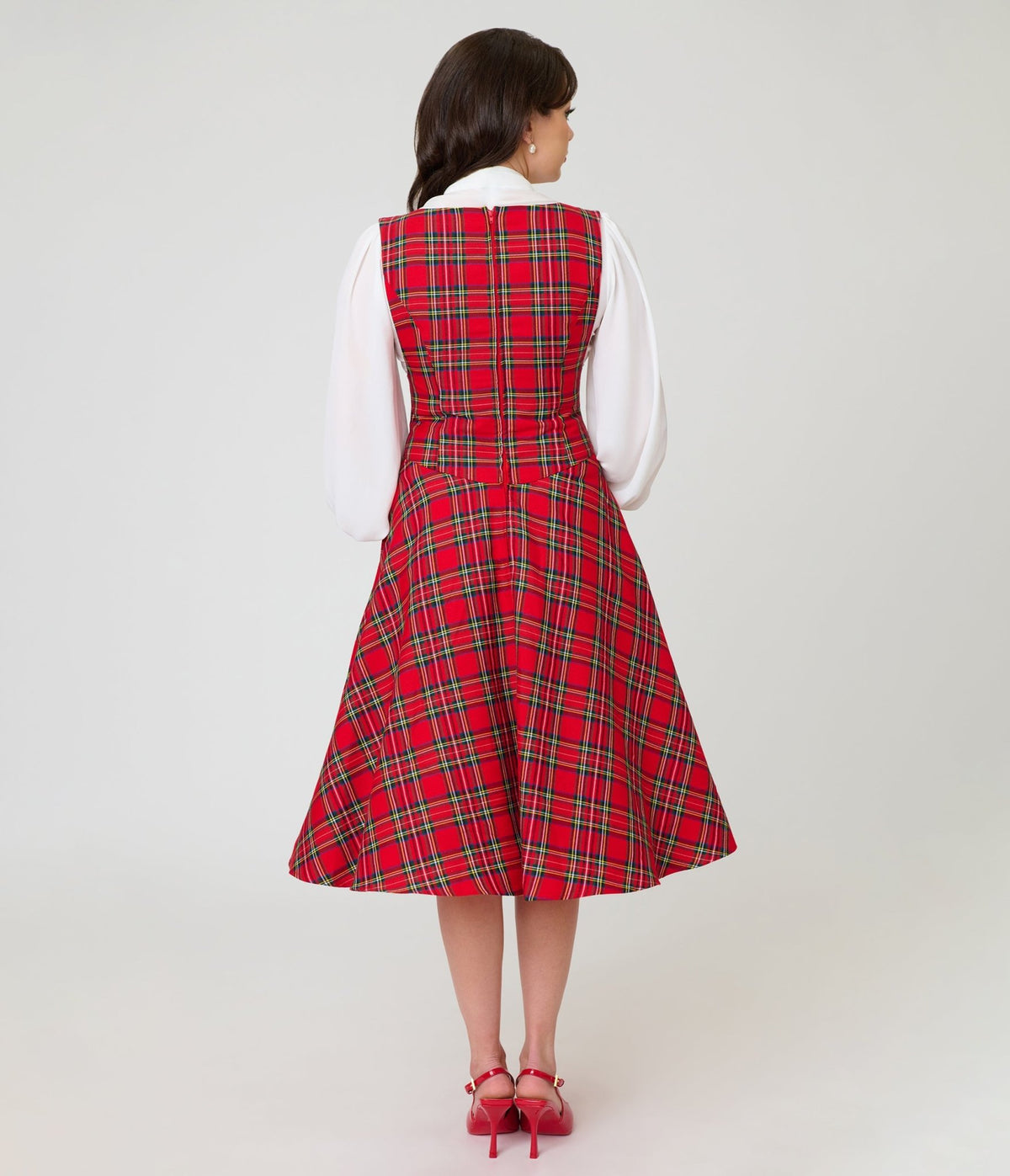 Unique Vintage Red Plaid Corset Pinafore Skirt - Unique Vintage - Pinafore Skirts