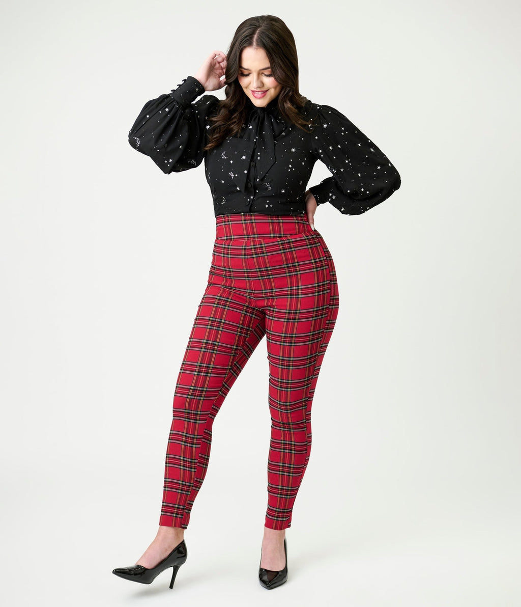 Unique Vintage Red Plaid High Waist Rizzo Cigarette Pants - Unique Vintage - Womens, BOTTOMS, PANTS