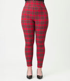 Unique Vintage Red Plaid High Waist Rizzo Cigarette Pants - Unique Vintage - Womens, BOTTOMS, PANTS