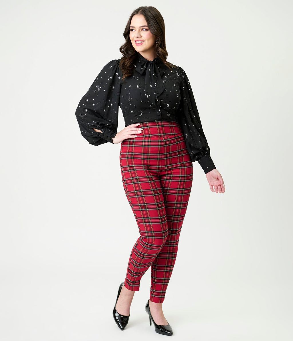 Unique Vintage Red Plaid High Waist Rizzo Cigarette Pants - Unique Vintage - Womens, BOTTOMS, PANTS