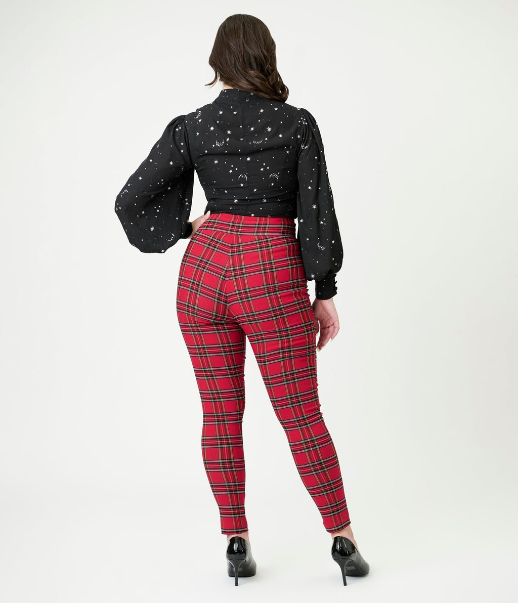 Unique Vintage Red Plaid High Waist Rizzo Cigarette Pants - Unique Vintage - Womens, BOTTOMS, PANTS