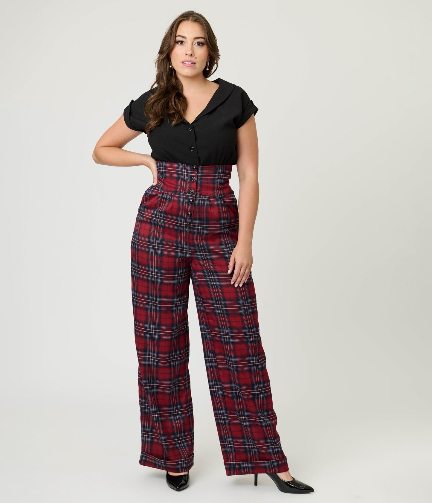 Unique Vintage Red Plaid High Waist Trousers - Unique Vintage - Womens, BOTTOMS, PANTS