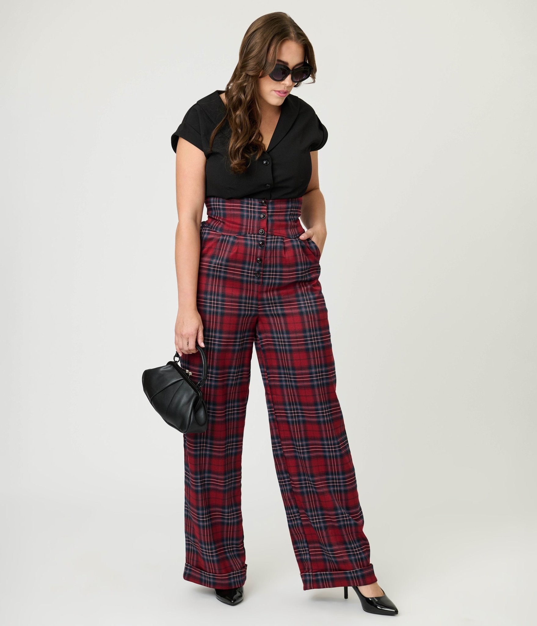 Unique Vintage Red Plaid High Waist Trousers - Unique Vintage - Womens, BOTTOMS, PANTS