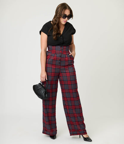 Unique Vintage Red Plaid High Waist Trousers - Unique Vintage - Womens, BOTTOMS, PANTS