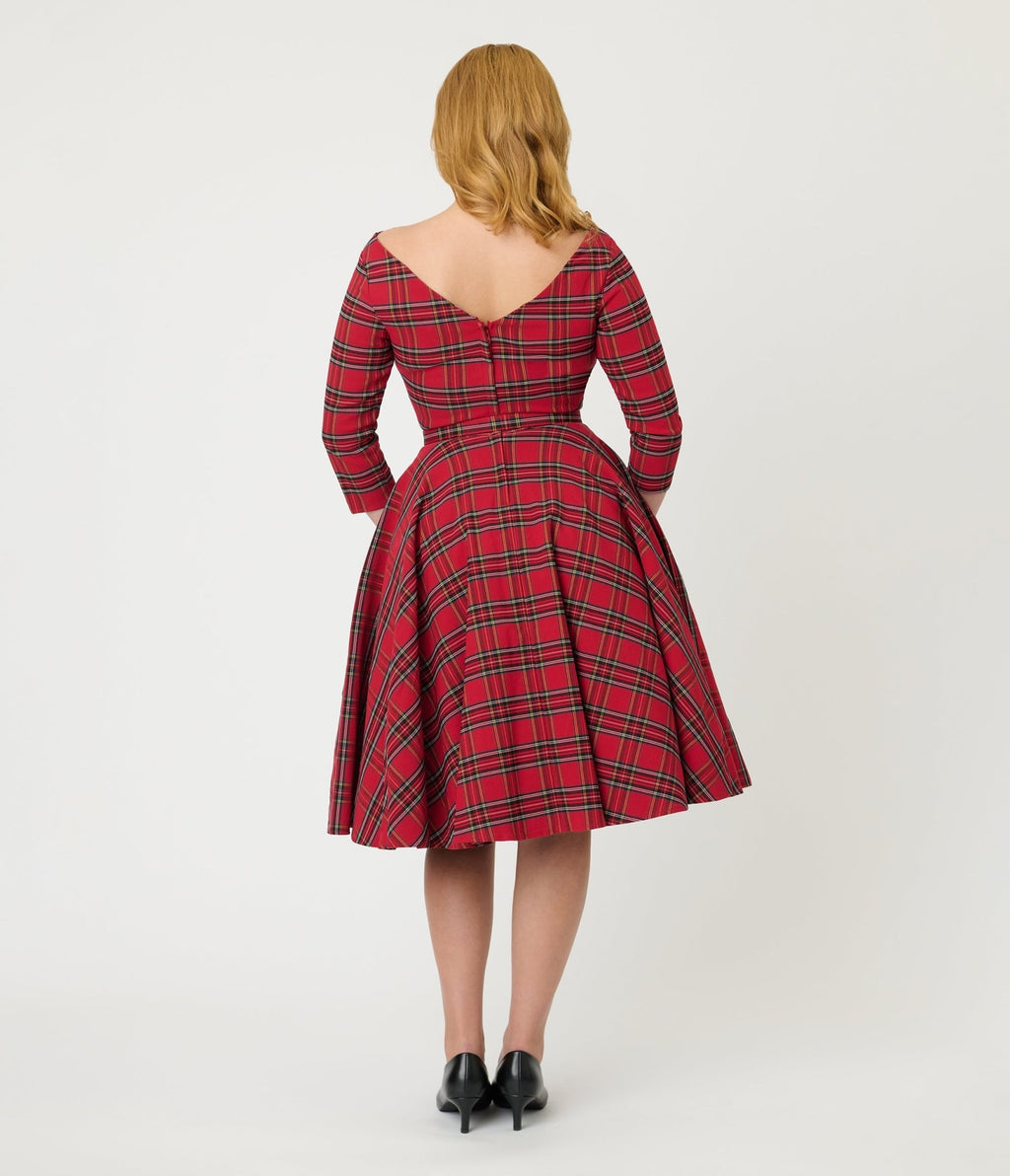 Unique Vintage Red Plaid Sleeved Devon Swing Dress Unique Vintage Red Plaid Sleeved Devon Swing Dress