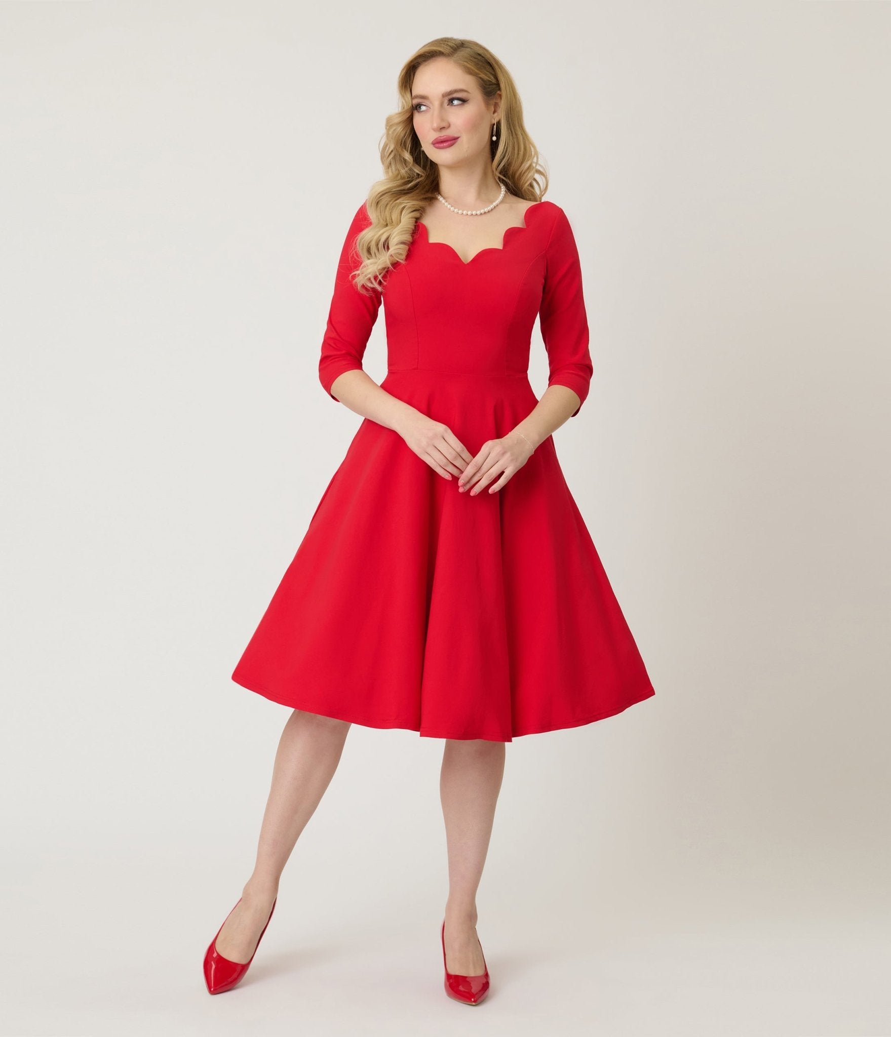 Unique Vintage Red Scalloped Neck Swing Dress