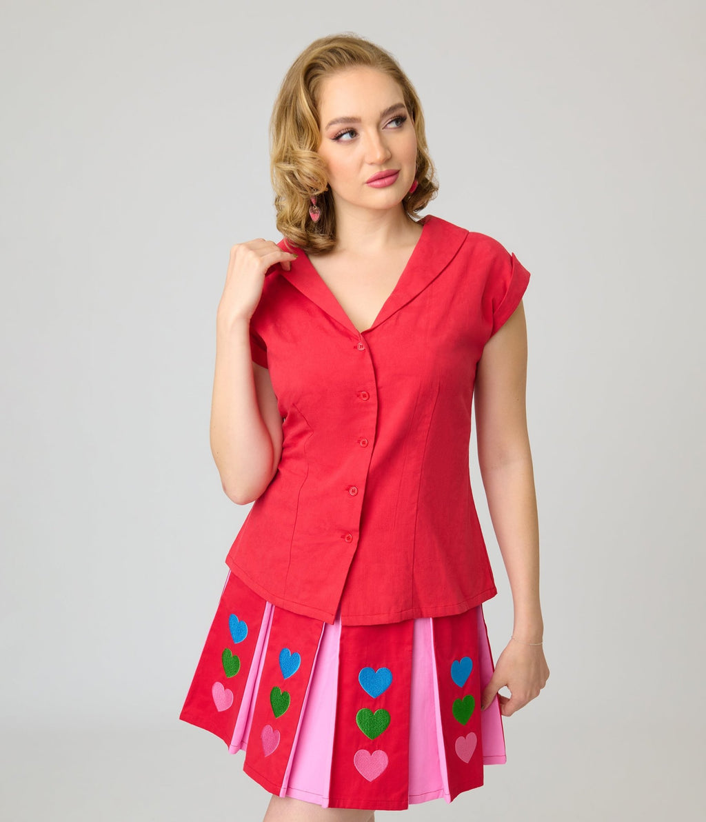 Unique Vintage Red Twill Sleeveless Blouse - Unique Vintage - Womens, TOPS, WOVEN TOPS