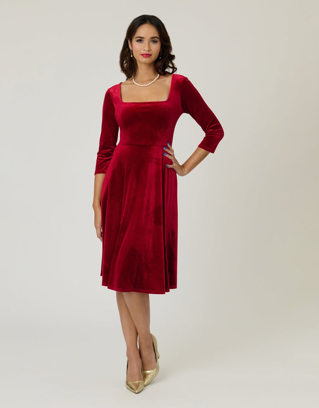 Unique Vintage Red Velvet Square Neck Swing Dress - Unique Vintage - Womens, DRESSES, SWING