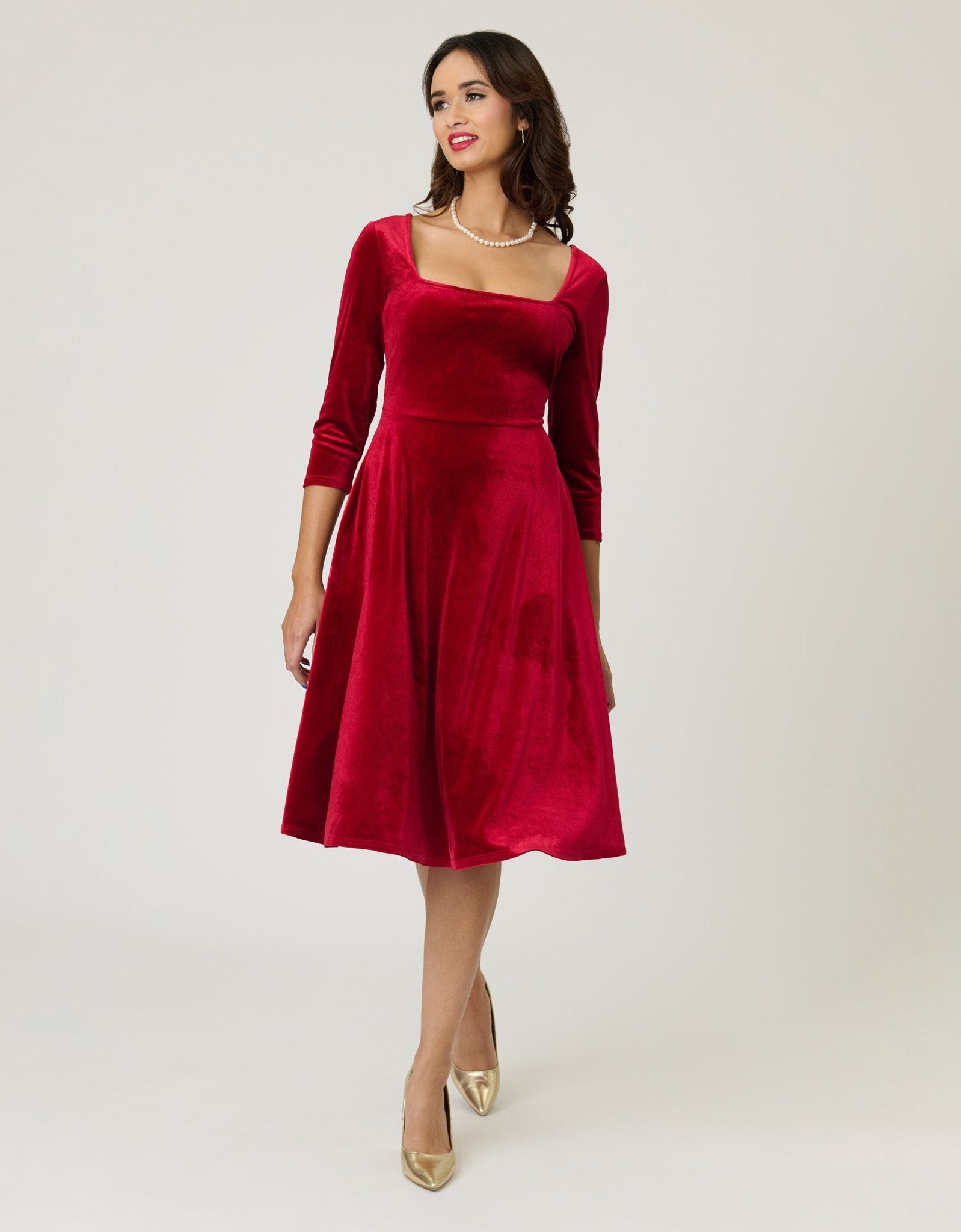 Unique Vintage Red Velvet Square Neck Swing Dress - Unique Vintage - Womens, DRESSES, SWING