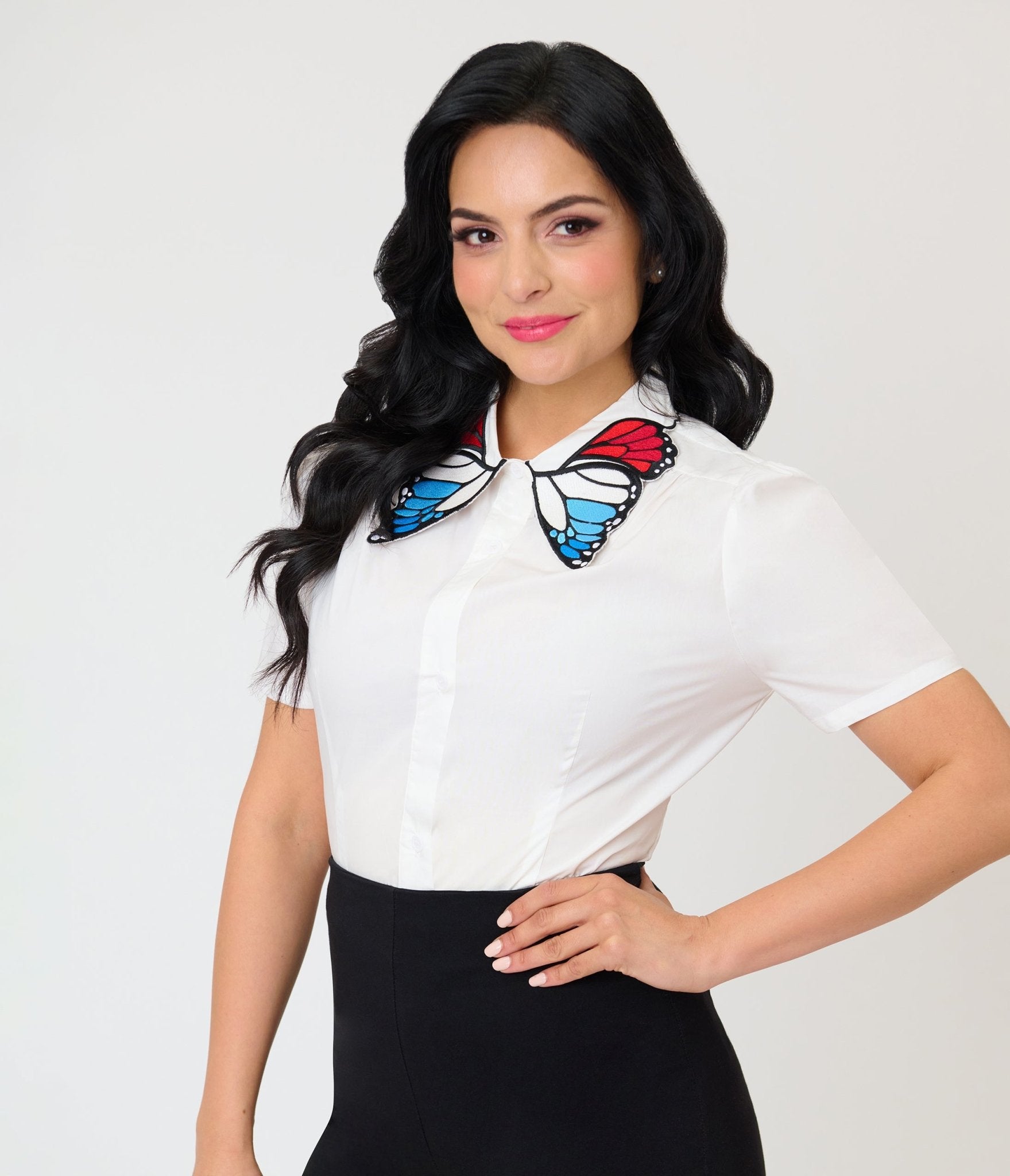 Unique Vintage Red White & Blue Butterfly Collar Cotton Blouse - Unique Vintage - Womens, TOPS, WOVEN TOPS