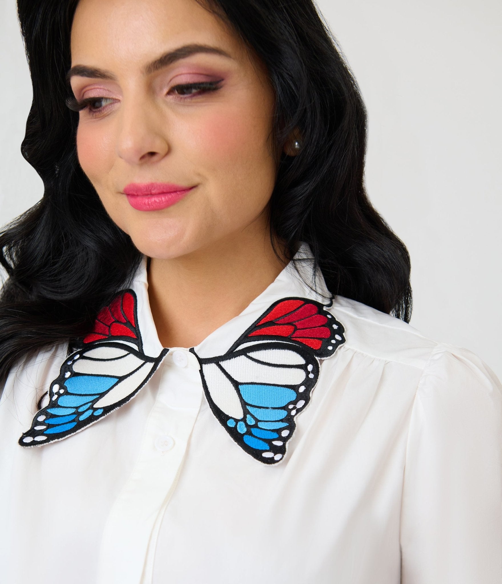 Unique Vintage Red White & Blue Butterfly Collar Cotton Blouse - Unique Vintage - Womens, TOPS, WOVEN TOPS