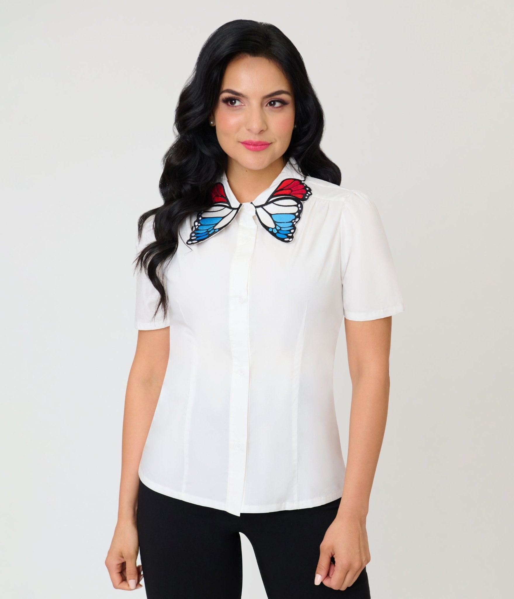 Unique Vintage Red White & Blue Butterfly Collar Cotton Blouse - Unique Vintage - Womens, TOPS, WOVEN TOPS